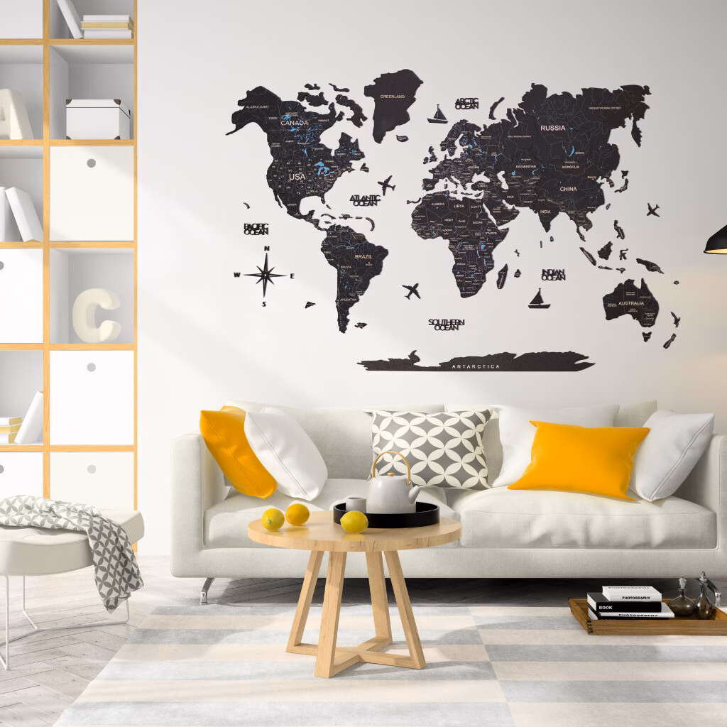 enjoythewoodestonia деревянная карта мира на стену | 2D чёрная