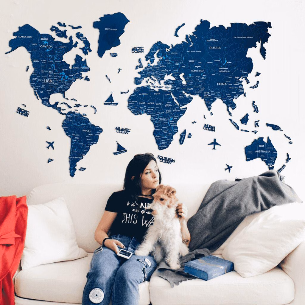 enjoythewoodestonia wooden world wall map 2D navy blue