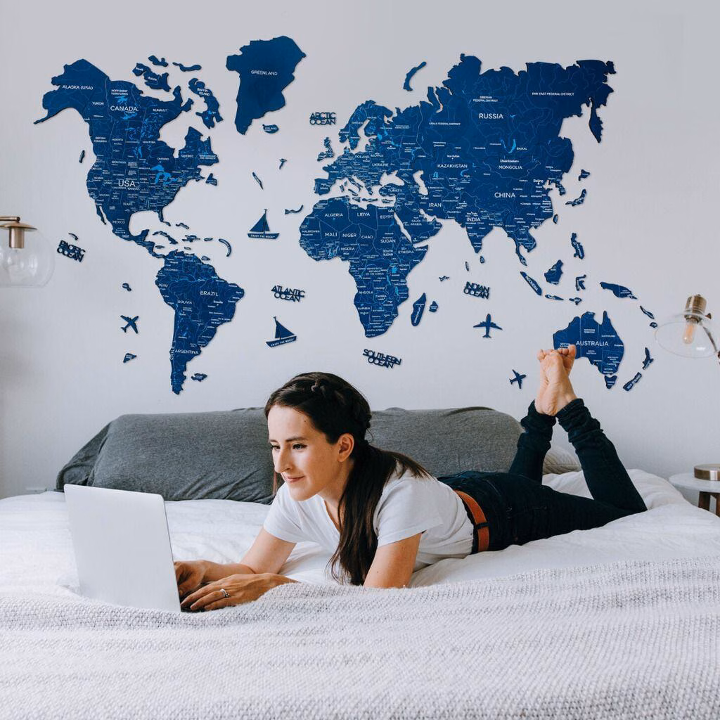 enjoythewoodestonia wooden world wall map 2D navy blue