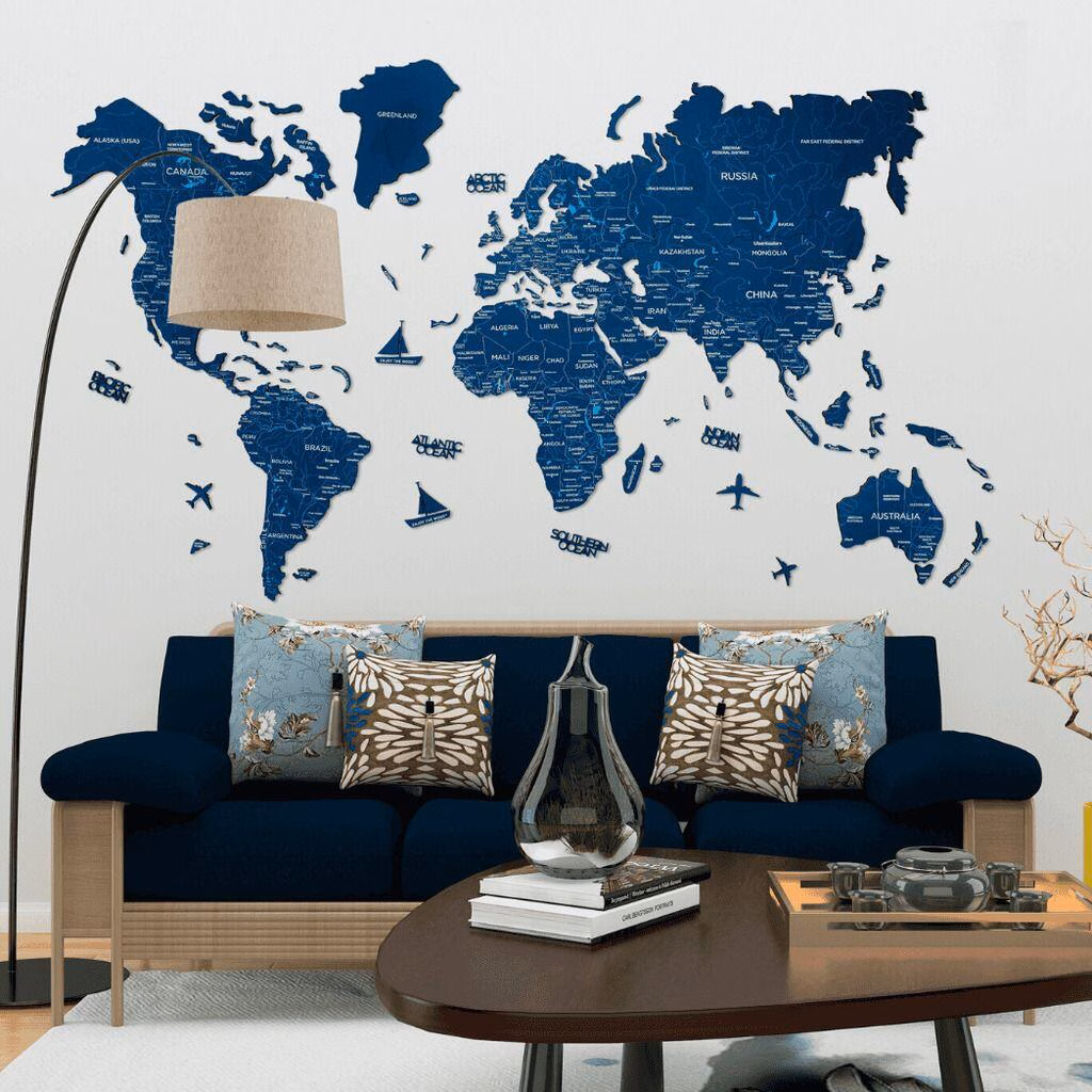 enjoythewoodestonia wooden world wall map 2D navy blue