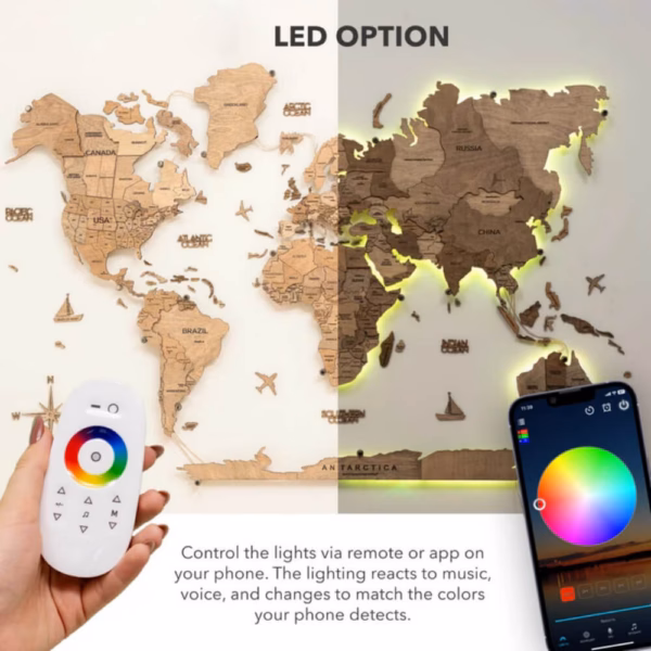 Puidust maailma seinakaart | 3D LED Terra