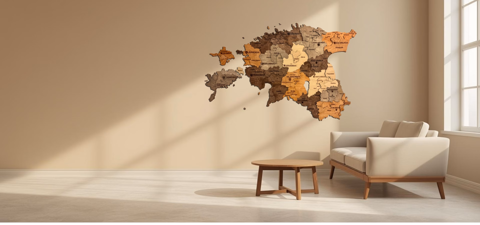 Wooden Estonian Map in light minimalist interior